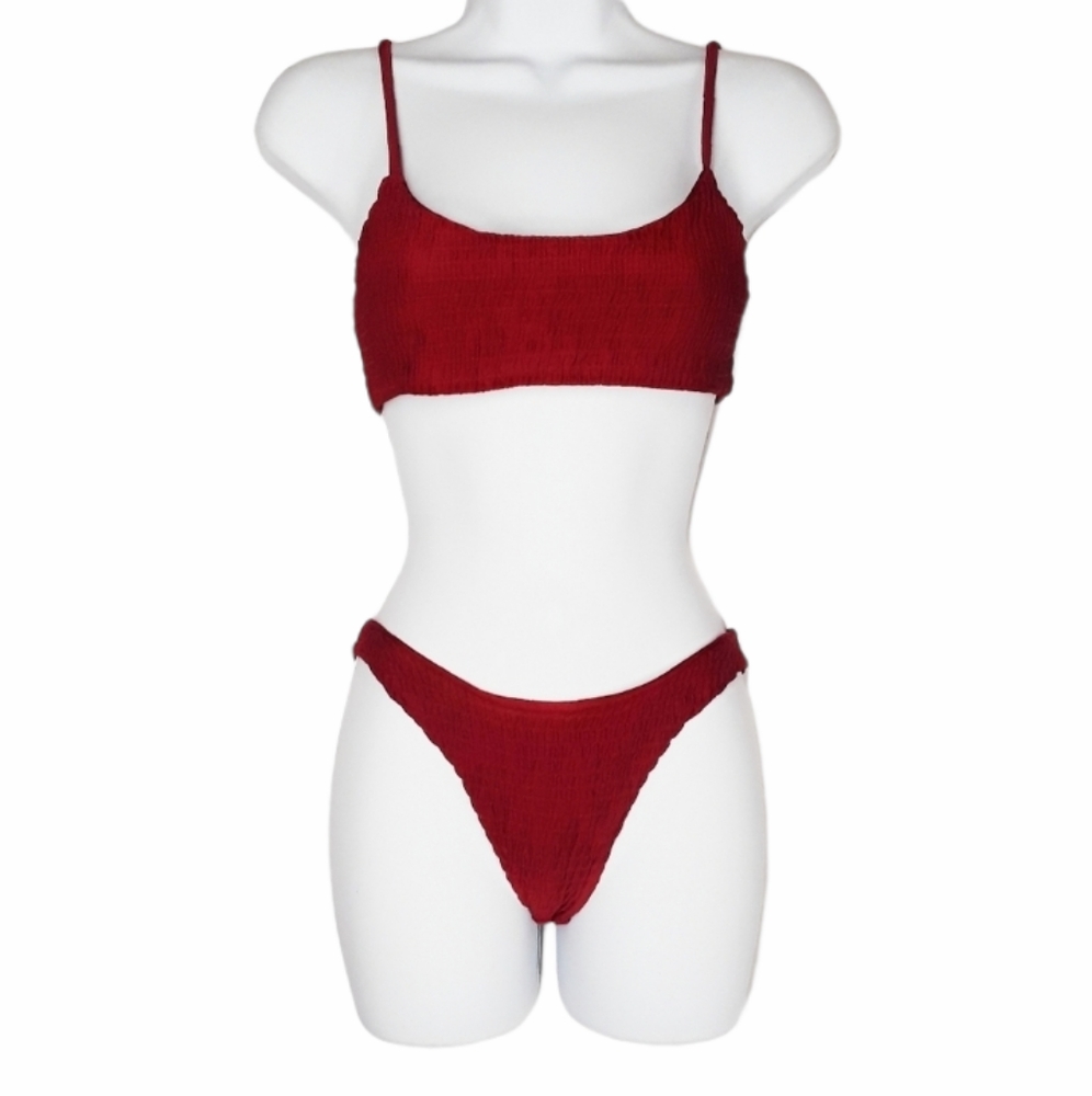 NEW Burgundy Red Smocked Shirred Bikini Set XL